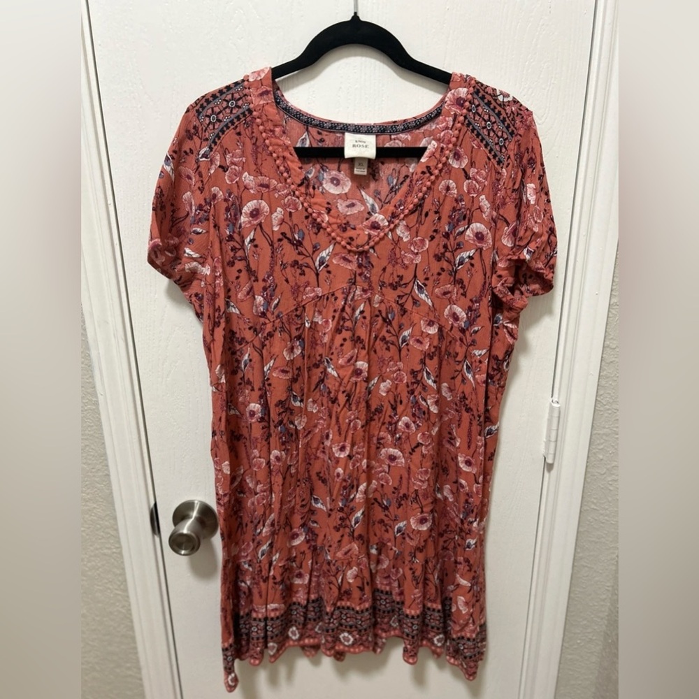 Knox Rose Floral Flowy Short Sleeve Boho Tunic Dress Size XL